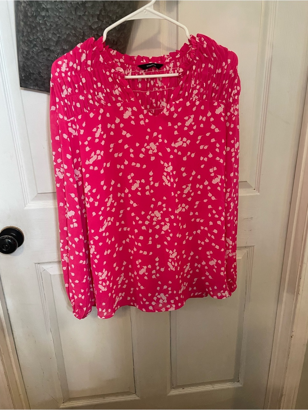 Bright Pink Long-Sleeve Smocked Neck Printed Blouse